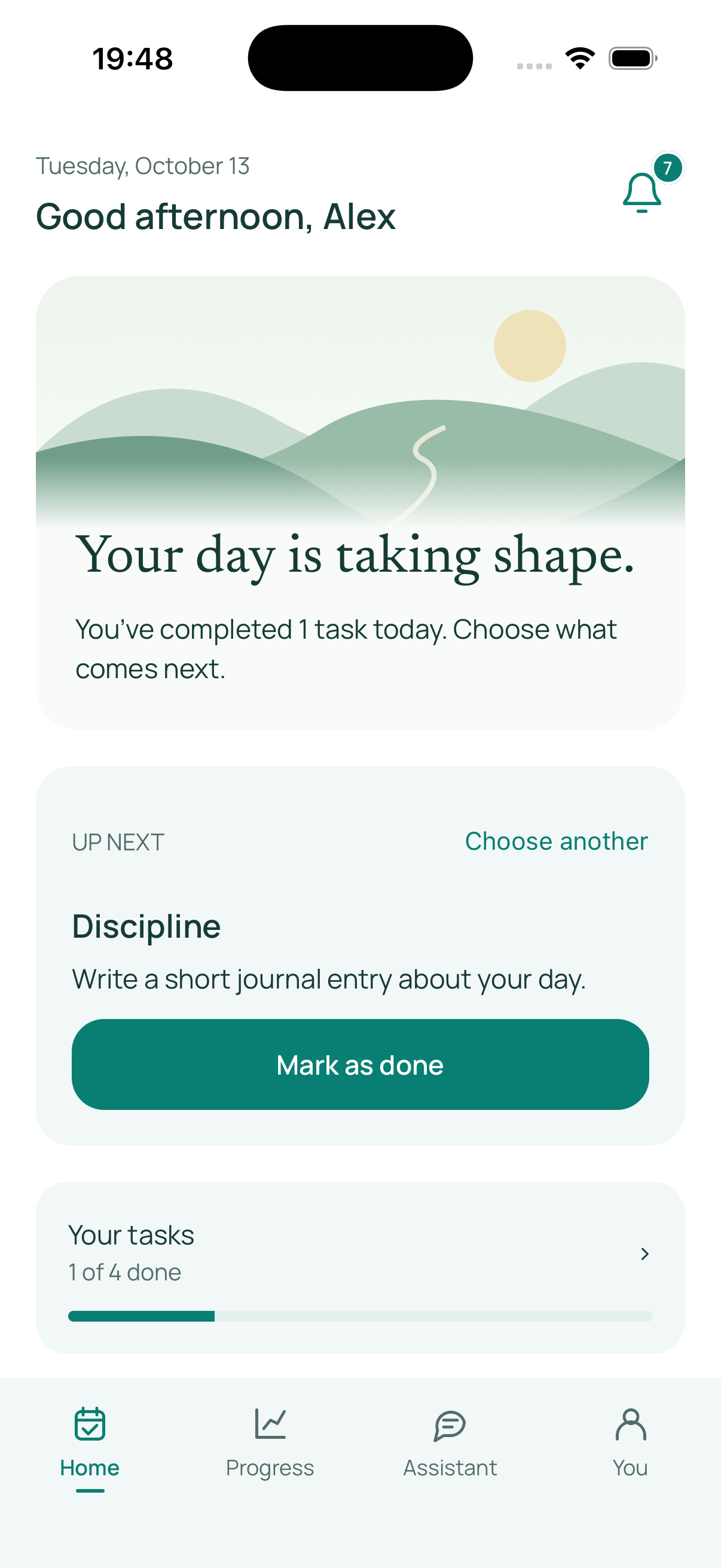 Ataraxia Home showing Alex’s next task and daily progress